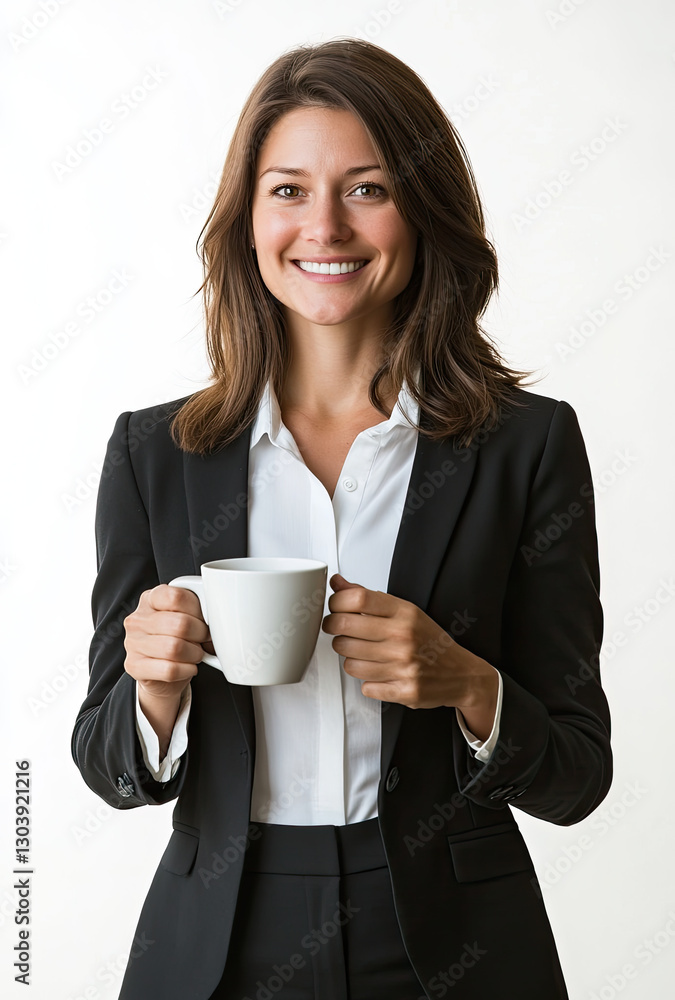 Professional woman in business attire smiling while holding a coffee cup against a plain background Professional woman in business attire smiling while holding a coffee cup against a plain background