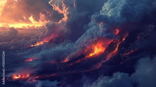 Wallpaper Mural Majestic Volcanic Eruption with Fiery Lava and Dramatic Smoke Clouds at Sunset Torontodigital.ca