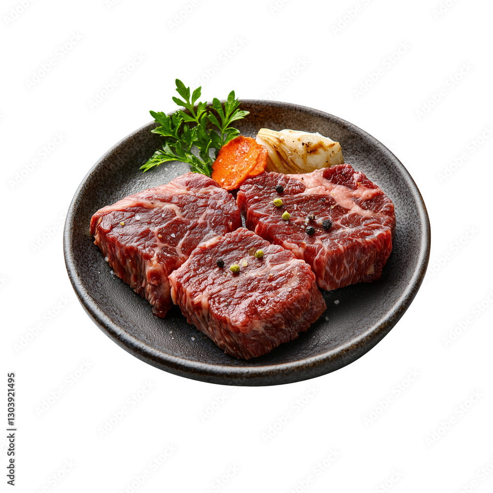 A plate showcases three pieces of marbled beef, garnished with herbs and accompanied by a slice of orange and a dollop of sauce. A plate showcases three pieces of marbled beef, garnished with herbs and accompanied by a slice of orange and a dollop of sauce.