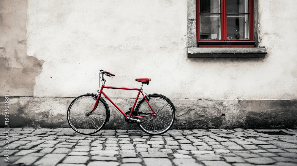 Retro red bicycle by a cobblestone wall, black and white tones evoke timeless nostalgia. Retro red bicycle by a cobblestone wall, black and white tones evoke timeless nostalgia.