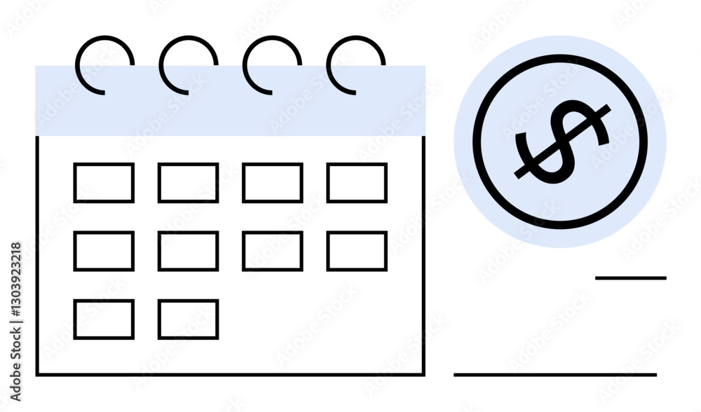 Calendar grid with spiral binding next to a dollar sign circle representing budgeting, payment scheduling, and financial management. Ideal for planning, finance, business, deadlines, accounting Calendar grid with spiral binding next to a dollar sign circle representing budgeting, payment scheduling, and financial management. Ideal for planning, finance, business, deadlines, accounting