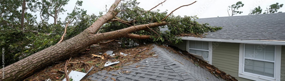 Tree Fallen on Roof of House After Hurricane Damage Causing Structural Risk and Debris Challenge for Homeowners Tree Fallen on Roof of House After Hurricane Damage Causing Structural Risk and Debris Challenge for Homeowners
