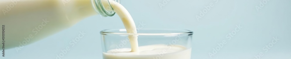 White milk flows from the bottle to a clear glass cup, utensil, container, milk White milk flows from the bottle to a clear glass cup, utensil, container, milk