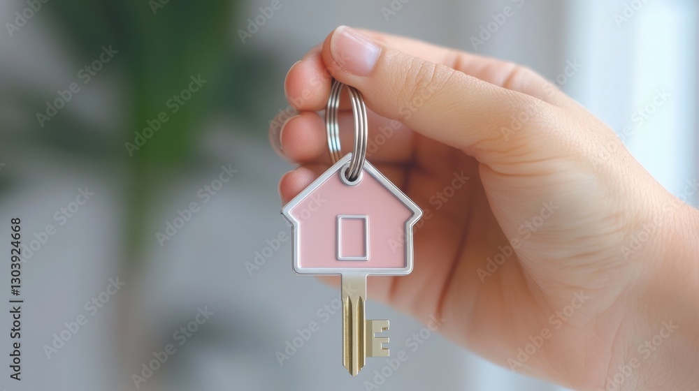 Hand Holding a Pink House-Shaped Key on a Keychain in Bright Indoor Setting Hand Holding a Pink House-Shaped Key on a Keychain in Bright Indoor Setting