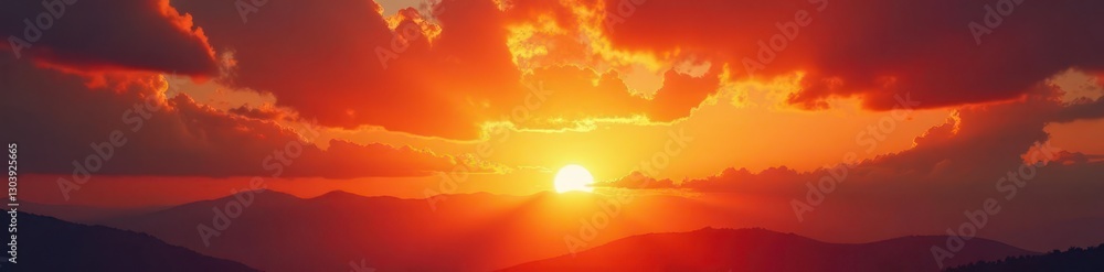 Fototapeta premium Fiery sunset, dramatic clouds ablaze, deep orange hues, breathtaking, cloud formations, nature