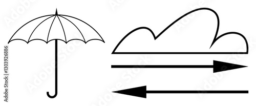 Umbrella alongside cloud and arrows indicating protection from rain, weather shifts, wind currents, and climate patterns. Ideal for protection, safety, weather services, insurance, preparation