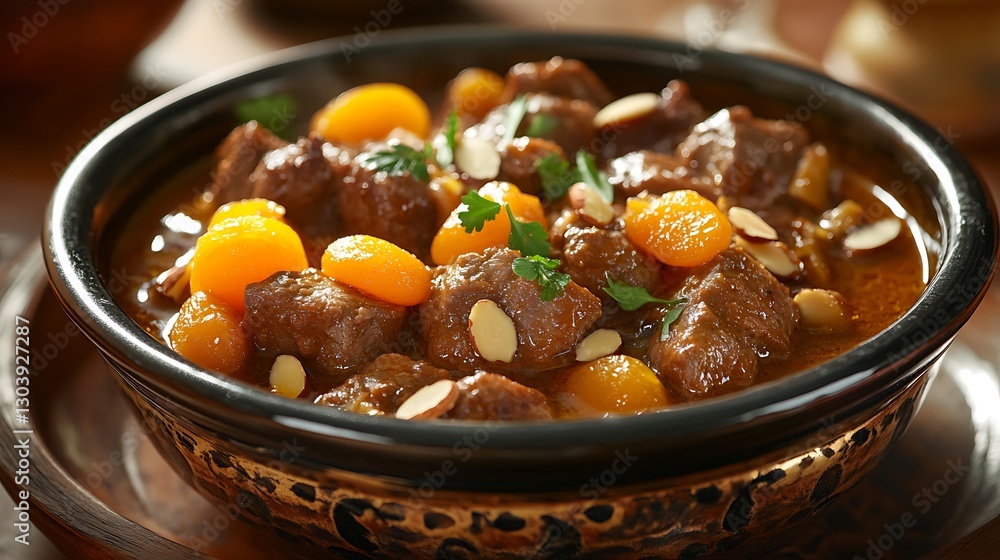 Delicious Beef Stew with Apricots and Almonds in a Bowl Delicious Beef Stew with Apricots and Almonds in a Bowl
