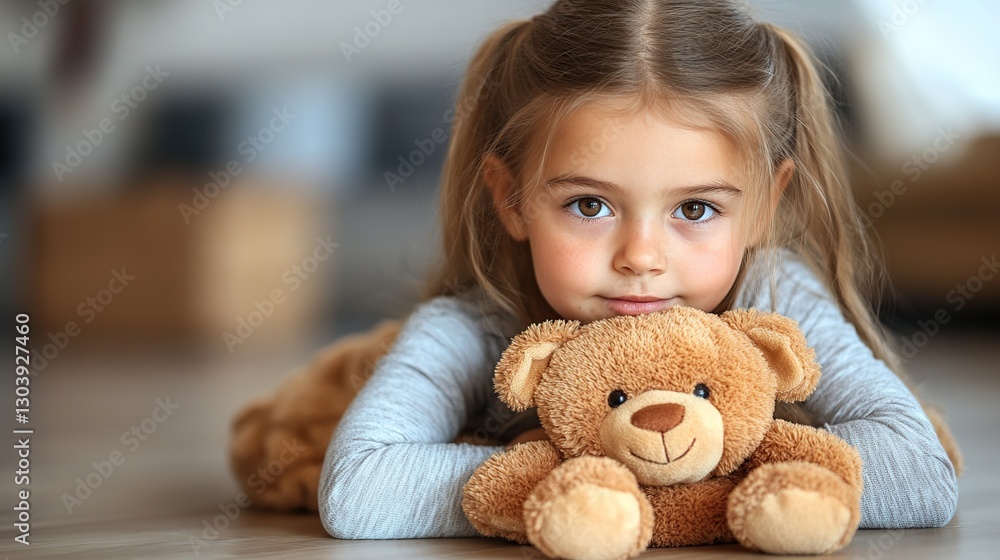 Child lying on floor with teddy bear, home interior background Child lying on floor with teddy bear, home interior background