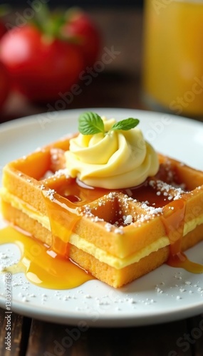 Golden croffle on white plate with drizzle of honey and sprinkles, golden, dessert, croffle