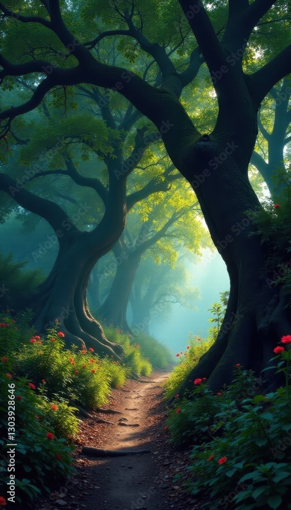 Fototapeta premium Ancient gnarled trees overhang a dimly lit trail , old, exploration, adventure