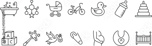 Baby Essentials and Nursery Icons, Play, Care, and Parenthood Symbols.