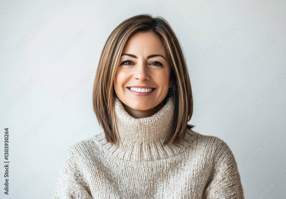 Smiling woman in cozy sweater against a neutral background, radiating warmth and positivity Smiling woman in cozy sweater against a neutral background, radiating warmth and positivity
