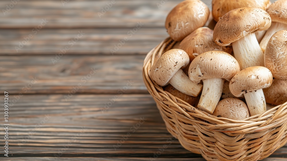 Basket filled with fresh wild mushrooms on a rustic wooden table, natural organic harvest Basket filled with fresh wild mushrooms on a rustic wooden table, natural organic harvest