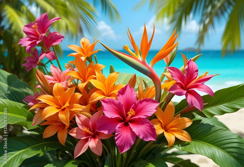 Fototapeta premium Vibrant Tropical Flower Bouquet with Hibiscus and Bird of Paradise, Exotic Beach vacation Holiday Scene background