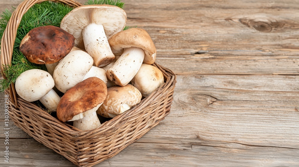 Assortment of fresh wild mushrooms in a wicker basket on a rustic wooden table, natural forest harvest Assortment of fresh wild mushrooms in a wicker basket on a rustic wooden table, natural forest harvest
