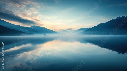 Fototapeta Naklejka Na Ścianę i Meble -  A calm and peaceful quiet lake with mist hovering over the water at dawn.