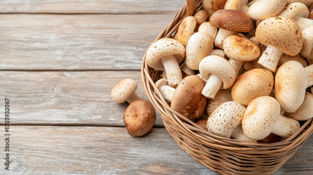 Wicker basket filled with fresh wild mushrooms on a rustic wooden table, organic natural harvest Wicker basket filled with fresh wild mushrooms on a rustic wooden table, organic natural harvest
