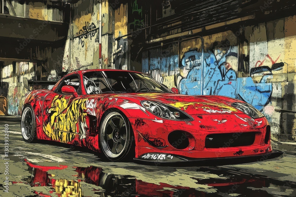 Obraz premium A red sports car in a graffiti filled urban environment
