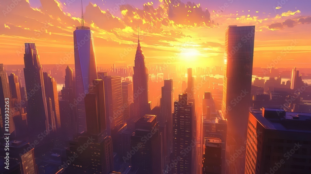 Fototapeta premium Golden Sunset Over City Skyline Buildings