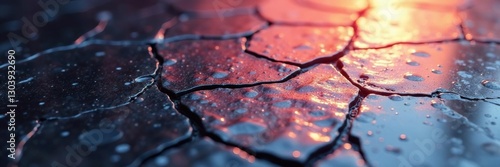 Cracked diamond plate reflected in a still water surface, luxury material, shiny surface, metal plate