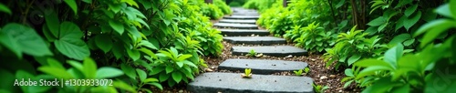Pathway of grey stones winding through lush greenery, plants, rustic