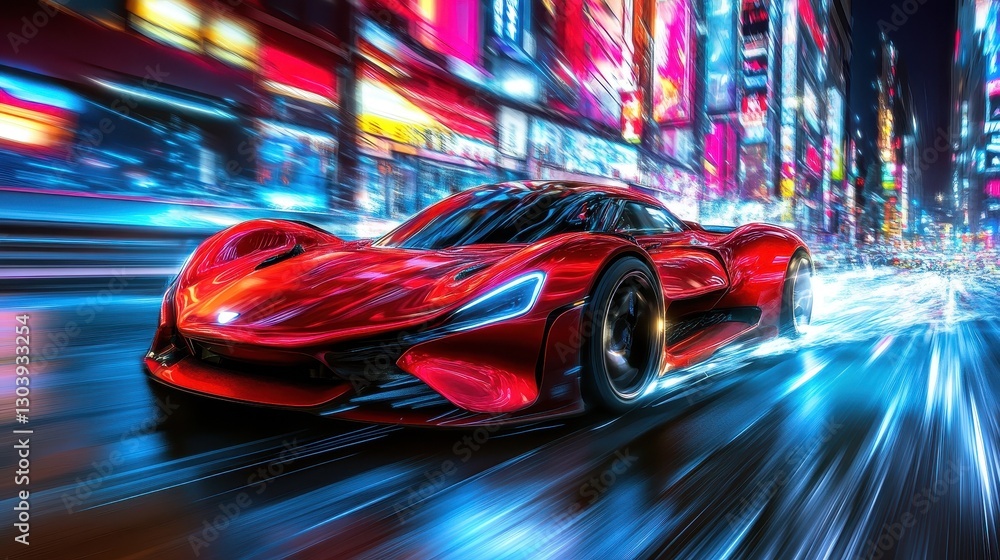 A Red Sports Car Speeds Through a Lit Up City Street A Red Sports Car Speeds Through a Lit Up City Street