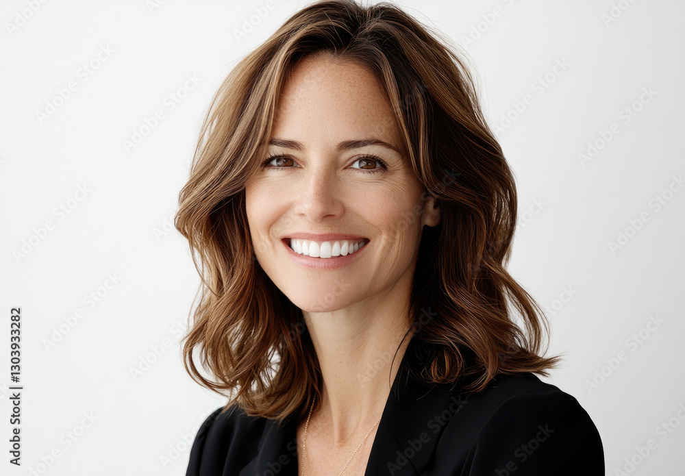 Smiling woman with wavy hair in a black blazer against a plain background, exuding confidence Smiling woman with wavy hair in a black blazer against a plain background, exuding confidence