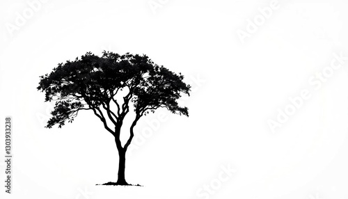 Single, majestic tree silhouetted against a pure white backdrop, single tree, serene