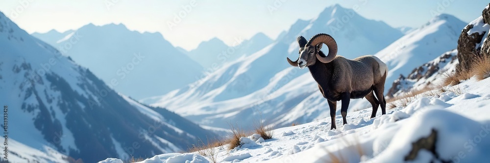 Naklejka premium Snow-covered terrain showcasing a powerful ram's horns in the distance, horn, ram