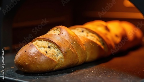 Freshly baked baguette emerging from a warm oven, hot, oven