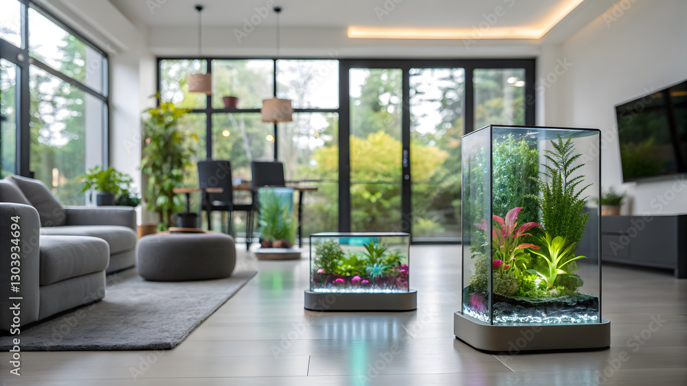 smart home illustration concept Modern living room with holographic plants in glass containers smart home illustration concept Modern living room with holographic plants in glass containers