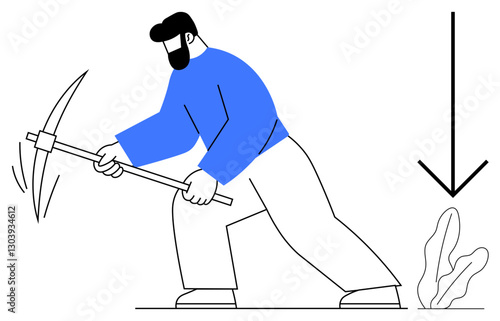 Person using pickaxe for mining activity as downward arrow symbolizes downturn or digging deeper. Ideal for work, energy, economy, progress, challenge, resource, metaphor for depth in a flat simple