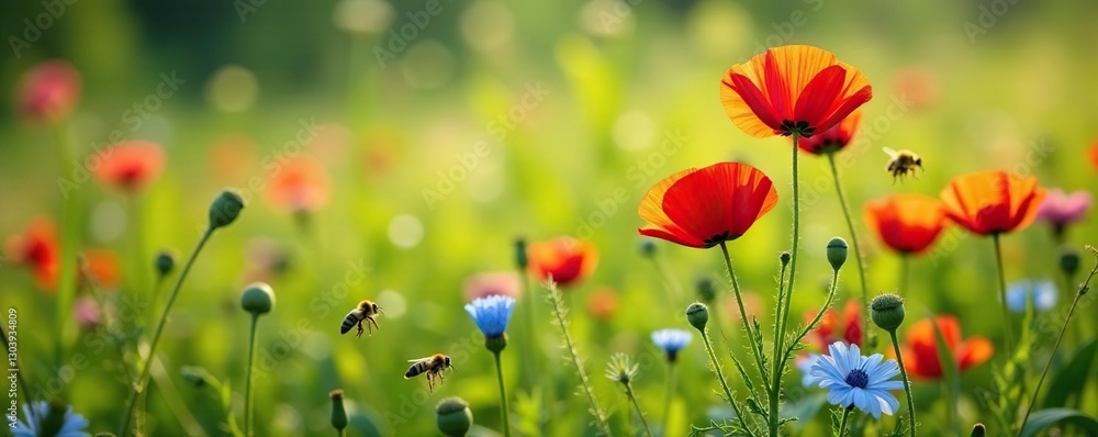Fototapeta premium Poppies and cornflowers in a lush green summer meadow, bees, garden flowers