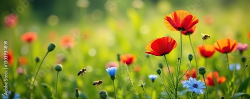 Poppies and cornflowers in a lush green summer meadow, bees, garden flowers