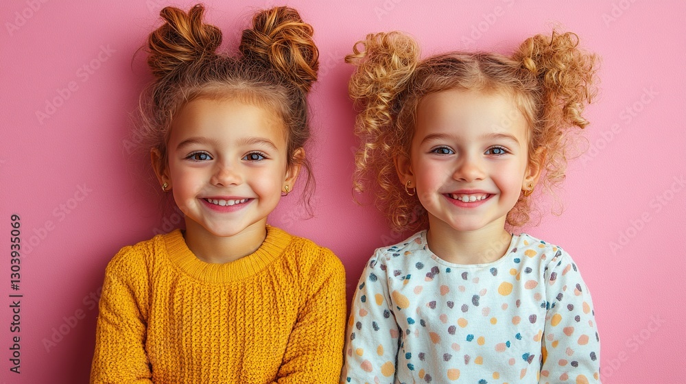 Smiling twin girls, pink background, happy expressions, studio portrait Smiling twin girls, pink background, happy expressions, studio portrait