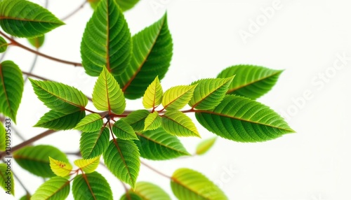 Vibrant green leaves, intricate details, crisp white backdrop, leaf, lush