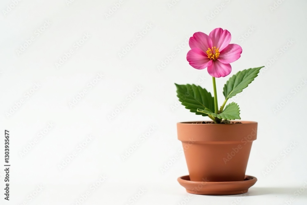 A solitary flower in a small terracotta pot against a white background, rustic charm, earthy tones, botanical A solitary flower in a small terracotta pot against a white background, rustic charm, earthy tones, botanical