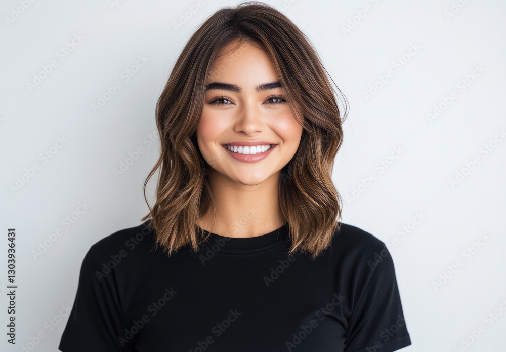 Smiling young woman with wavy hair wearing a black shirt against a plain background Smiling young woman with wavy hair wearing a black shirt against a plain background
