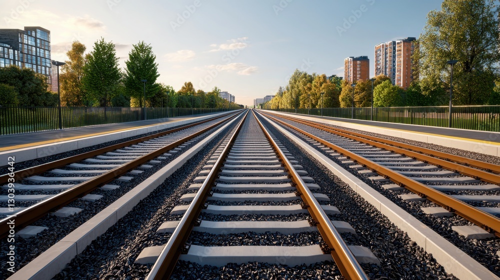 Modern City Railway System Featuring Train Tracks and Urban Landscape in Bright Daylight Modern City Railway System Featuring Train Tracks and Urban Landscape in Bright Daylight