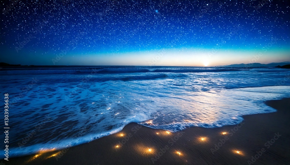 Naklejka premium waves crashing on sandy beaches with glowing fireflies 