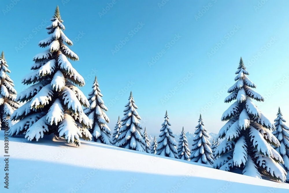 Obraz premium Snow-covered pine trees against a clear blue sky, pine trees, serene, winter