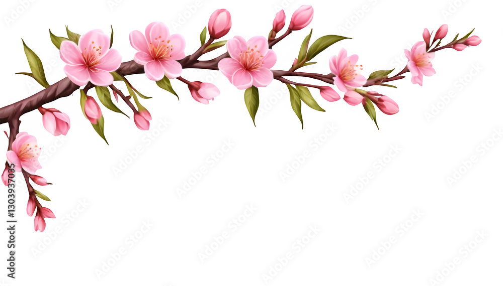 Fototapeta premium Peach tree branch loaded with pink flowers sits at the corner, blooming beautifully against a clear background