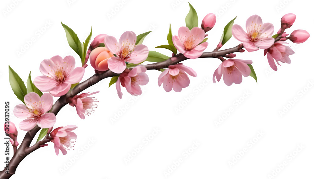 Peach tree branch loaded with pink flowers sits at the corner, blooming beautifully against a clear background Peach tree branch loaded with pink flowers sits at the corner, blooming beautifully against a clear background