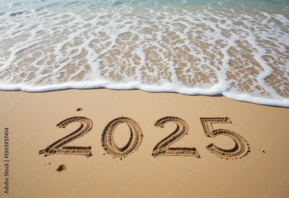 Fototapeta premium Beach shoreline, foamy waves, sandy beach, number 2025 written in sand, clear turquoise water, sunny day, coastal scenery, new year concept, future planning, vacation vibes, tropical destination, sere