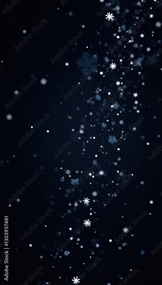 Fototapeta premium White snowflakes, scattered stars on black backdrop , winter, holiday