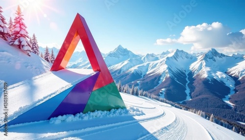 Colorful triangle-shaped ski jumps, dynamic descent, abstract, action