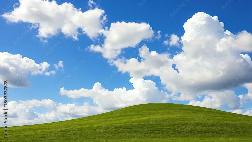 Blue sky with fluffy white clouds over a green hill, blue sky, clouds, hill Blue sky with fluffy white clouds over a green hill, blue sky, clouds, hill