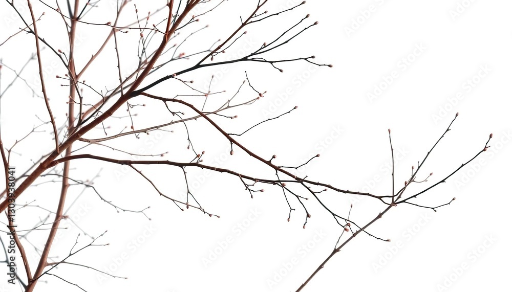 Delicate, bare branches isolated against a pure white backdrop, photography, texture