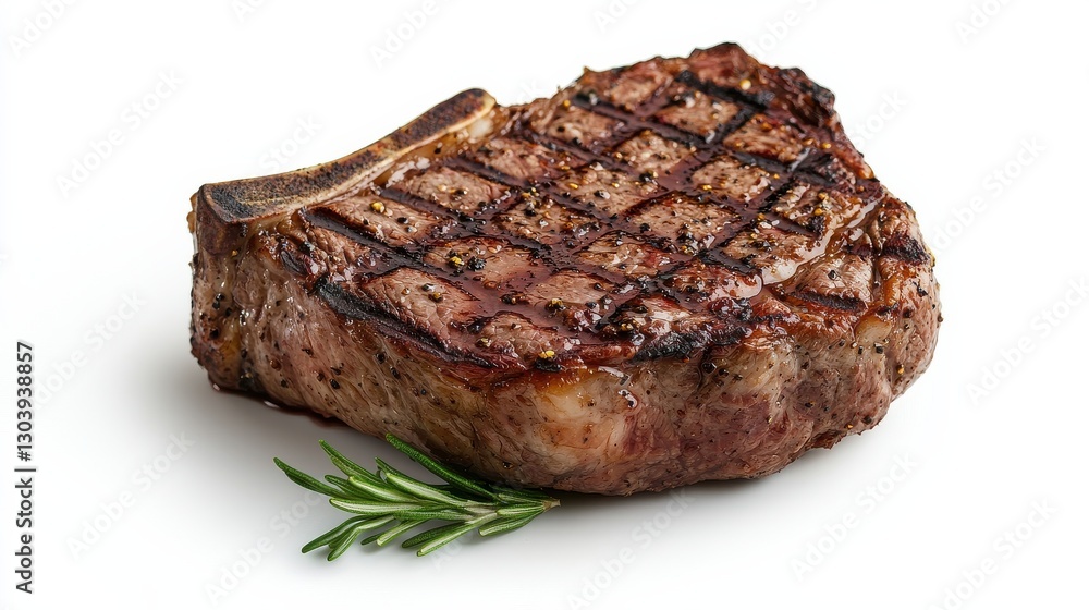Grilled steak with a perfectly charred surface, garnished with a sprig of rosemary, showcasing a delicious and appetizing presentation. Grilled steak with a perfectly charred surface, garnished with a sprig of rosemary, showcasing a delicious and appetizing presentation.