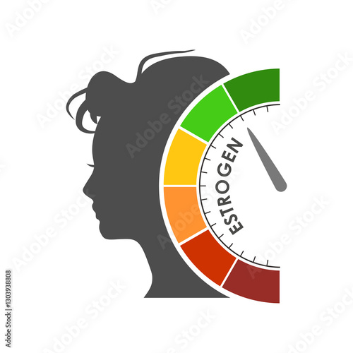 Hormone estrogen level measuring scale. Health care concept illustration. Head of woman silhouette.